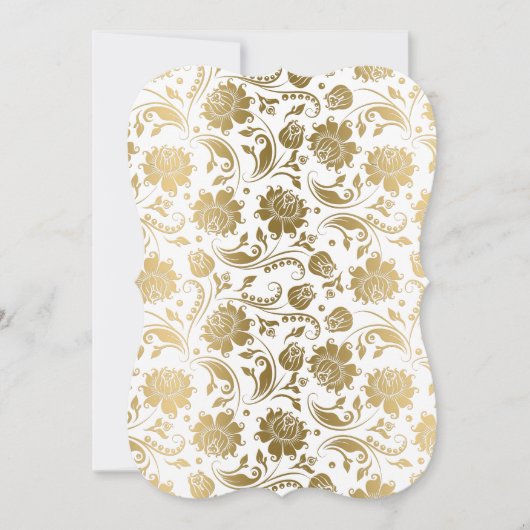 白モダンエレガントと金ゴールドのダマスクと円 招待状 (正面)