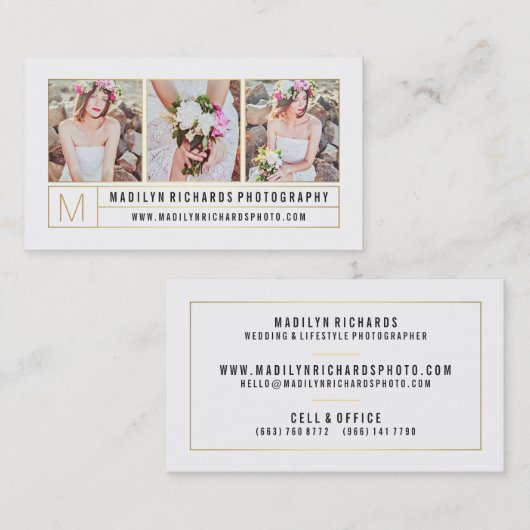 白モダンエレガントシック金ゴールド線写真 名刺 (正面/裏面)