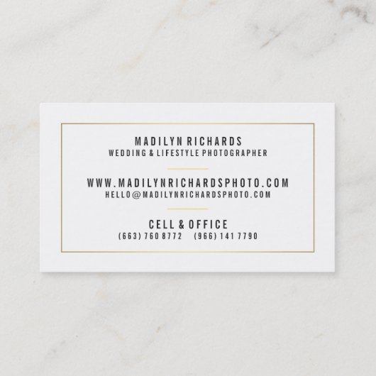 白モダンエレガントシック金ゴールド線写真 名刺 (裏面)