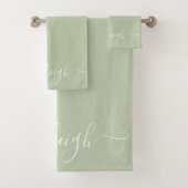 白モダンエレガントスクリプト名Sage Green バスタオルセット (インサイチュ)