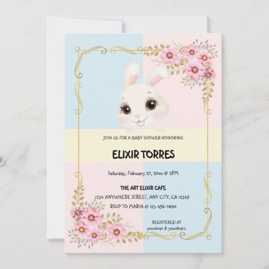 白モダンエレガントバニー赤ちゃんシャワー 招待状 (正面)