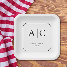 白モダンエレガントモノグラム結婚ズスクエア ペーパープレート