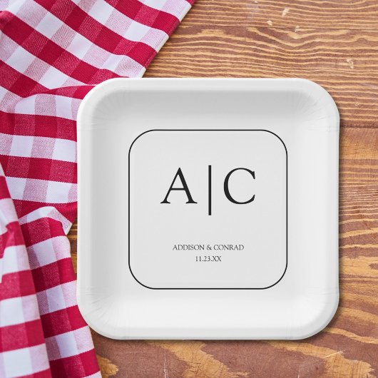 白モダンエレガントモノグラム結婚ズスクエア ペーパープレート