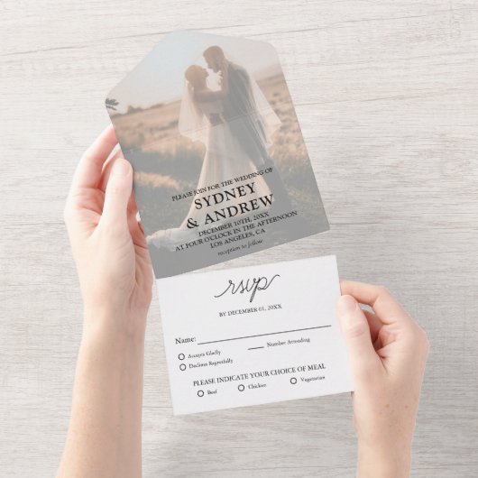 白モダンエレガント写真RSVP結婚の オールインワン招待状 (貼ってはがせる)