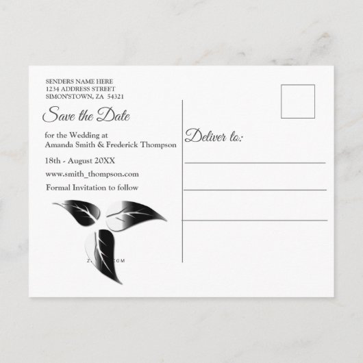 白モダンエレガント大理石の黒いシルエット 案内ポストカード (裏面)