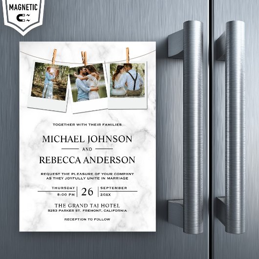 白モダンエレガント大理石フォトコラージュ結婚ズ マグネット招待状