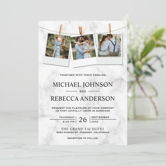 白モダンエレガント大理石フォトコラージュ結婚ズ 招待状 (スタンド正面)