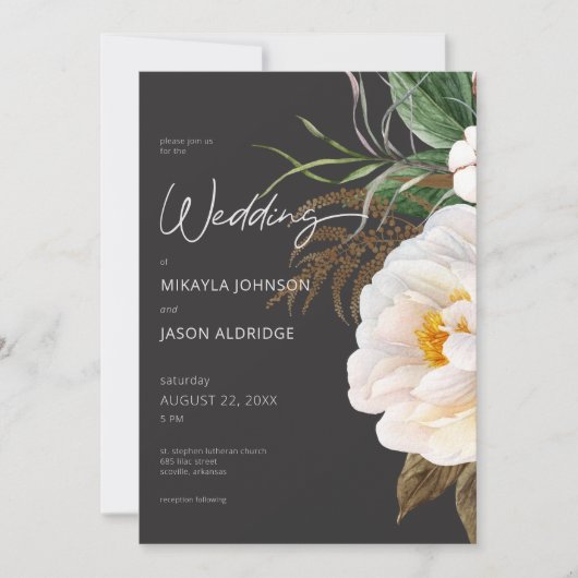 白モダンエレガント牡丹オンブラック結婚ズ 招待状 (正面)