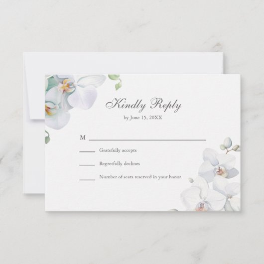白モダンエレガント蘭の結婚式RSVPカード サンキューカード (正面)