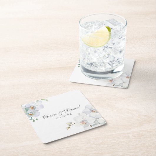 白モダンエレガント蘭結婚種 スクエアペーパーコースター (インサイチュ)