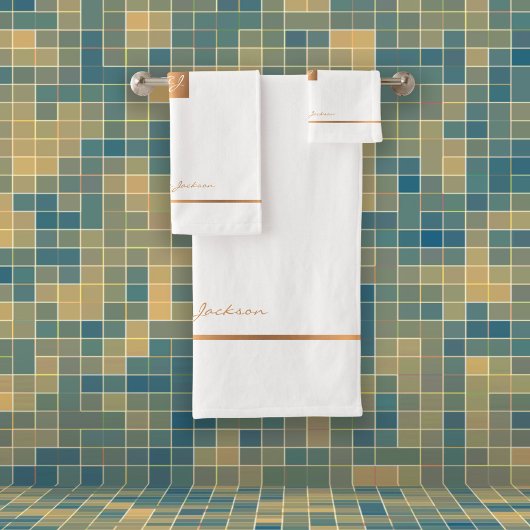 白モダンエレガント金ゴールドシックモノグラムのストライプ バスタオルセット