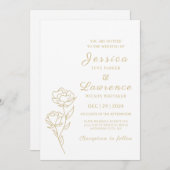 白モダンエレガント金ゴールドフローラ結婚 招待状 (正面/裏面)