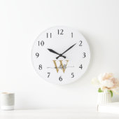 白モダンエレガント金ゴールドモノグラム名スクリプト ラージ壁時計 (ホーム)