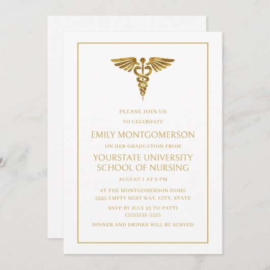 白モダンエレガント金ゴールド看護学校卒業生 招待状 (正面/裏面)