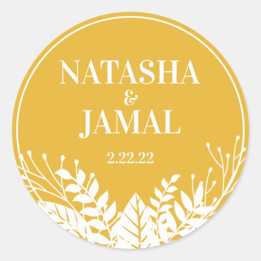 白モダンエレガント離れ金ゴールド、マスタード・イエロー ラウンドシール (正面)