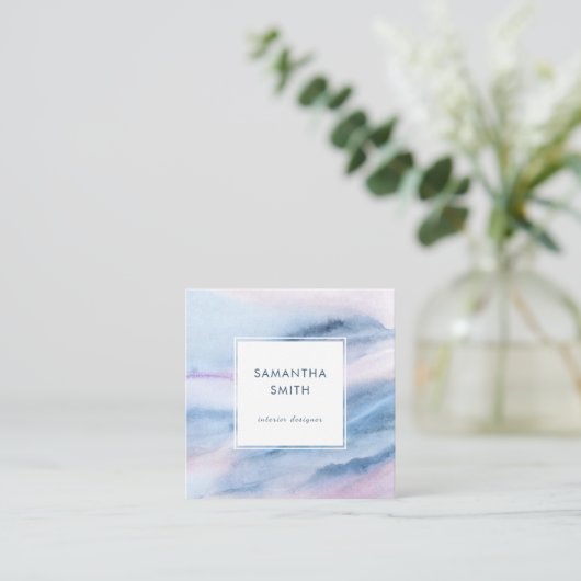 白モダンエレガント青の水色抽象芸術 スクエア名刺 (スタンド正面)