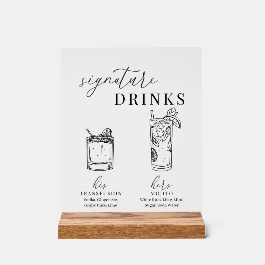 白モダンエレガント黒のシグネチャードリンク アクリルサイン (正面)