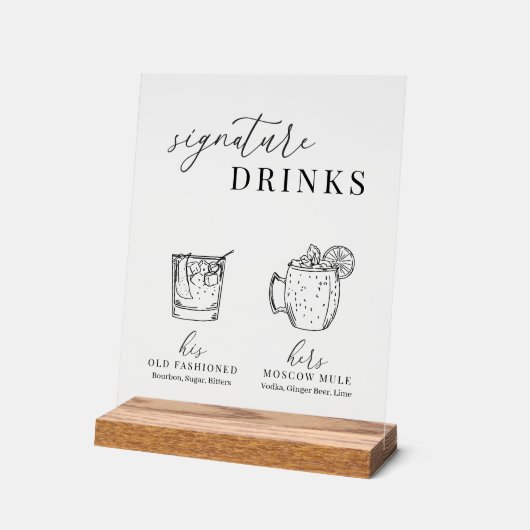 白モダンエレガント黒のシグネチャードリンク アクリルサイン (傾斜)