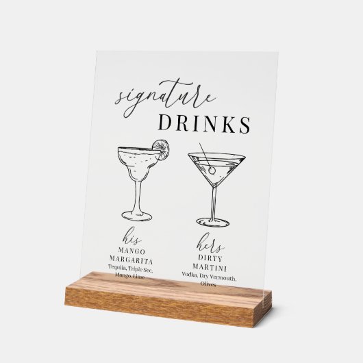 白モダンエレガント黒のシグネチャードリンク アクリルサイン (傾斜)