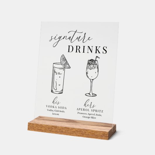 白モダンエレガント黒のシグネチャードリンク アクリルサイン (傾斜)