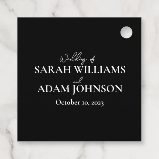 白モダンエレガント黒のミニマ結婚リスト フェイバータグ (裏面)