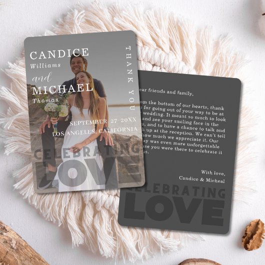 白モダンエレガント黒の写真結婚 サンキューカード