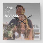 白モダンエレガント黒の写真結婚 スクエア壁時計 (正面)