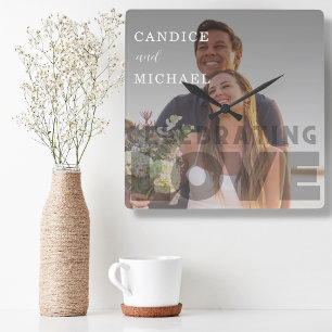 白モダンエレガント黒の写真結婚 スクエア壁時計