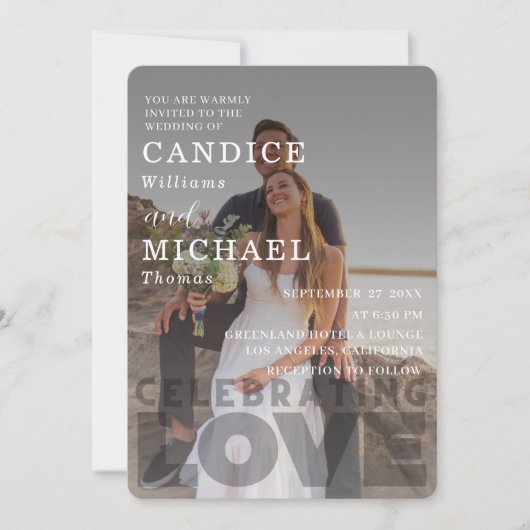 白モダンエレガント黒の写真結婚 招待状 (正面)