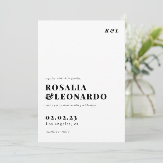 白モダンエレガント黒の写真結婚 招待状 (スタンド正面)