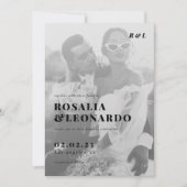 白モダンエレガント黒の写真結婚 招待状 (正面)