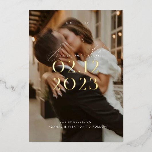 白モダンエレガント黒の写真結婚 箔招待状 (正面)