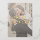 白モダンエレガント黒の写真結婚 箔招待状 (正面)