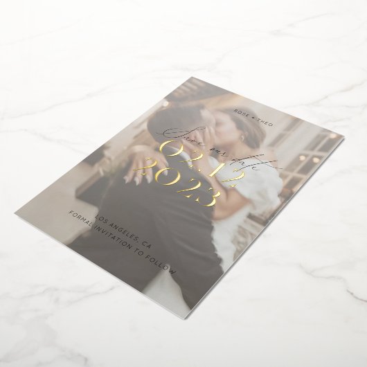白モダンエレガント黒の写真結婚 箔招待状 (回転した状態)