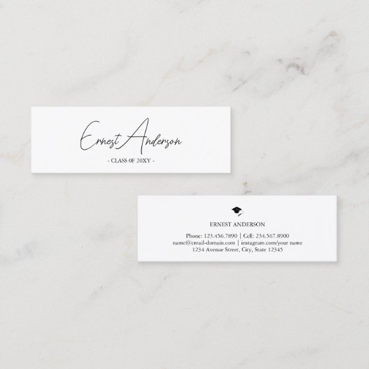 白モダンエレガント黒の卒業式の名刺 スキニー名刺 (正面/裏面)