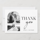 白モダンエレガント黒の結婚写真 サンキューカード (正面)