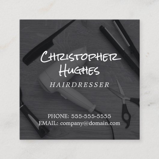白モダンエレガント黒の美容師 スクエア名刺 (正面)