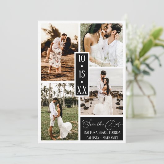 白モダンエレガント黒4枚の写真結婚 セーブザデート (スタンド正面)