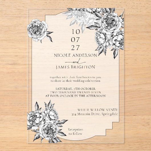 白モダンシンプル牡丹結婚病 アクリル招待状 (正面)