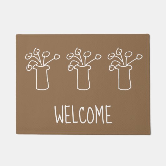 白モダンシンプル輪郭フラワーデザイン ドアマット (正面)