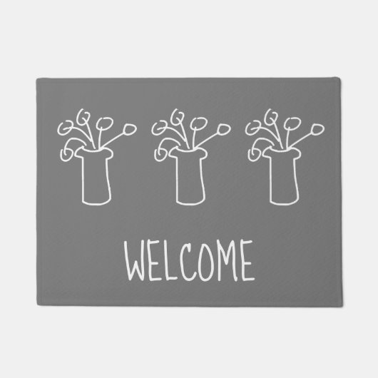 白モダンシンプル輪郭フラワーデザイン ドアマット (正面)