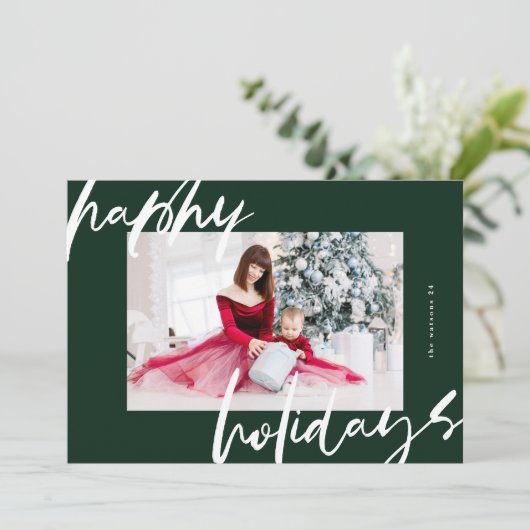 白モダンスタイリッシュと緑の写真happy シーズンカード (スタンド正面)
