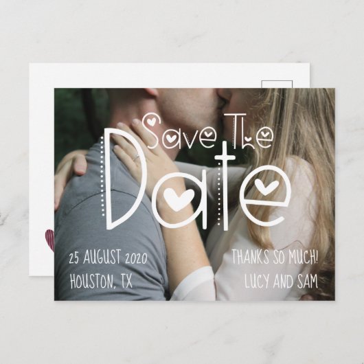 白モダンタイポグラフィ写真の保存日付 案内ポストカード (正面/裏面)