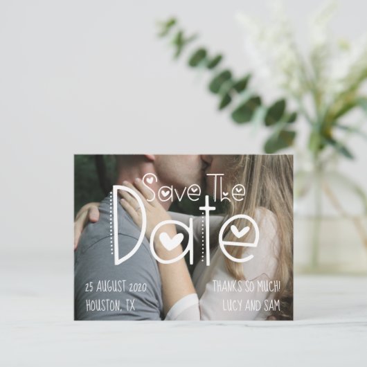 白モダンタイポグラフィ写真の保存日付 案内ポストカード (スタンド正面)