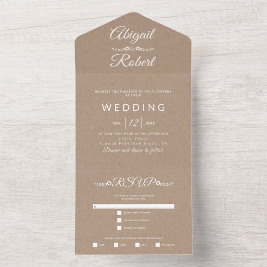 白モダンタイポグラフィ茶色クラフト紙結婚ズ オールインワン招待状 (内側)