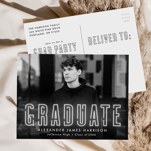 白モダンネオン写真卒業パーティー インビテーションポストカード