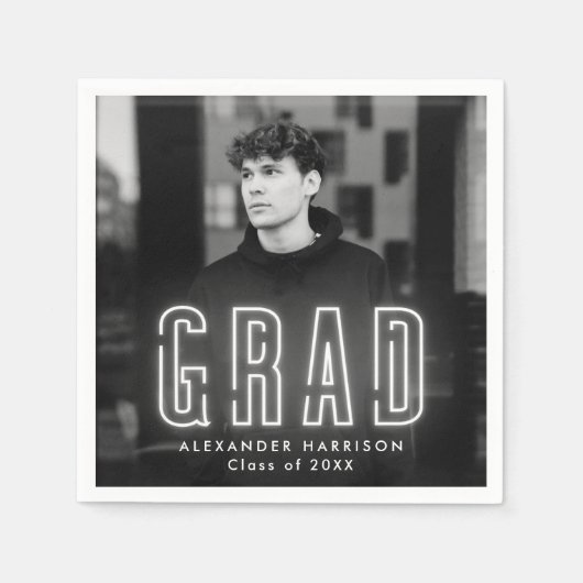 白モダンネオン写真卒業 スタンダードカクテルナプキン (正面)
