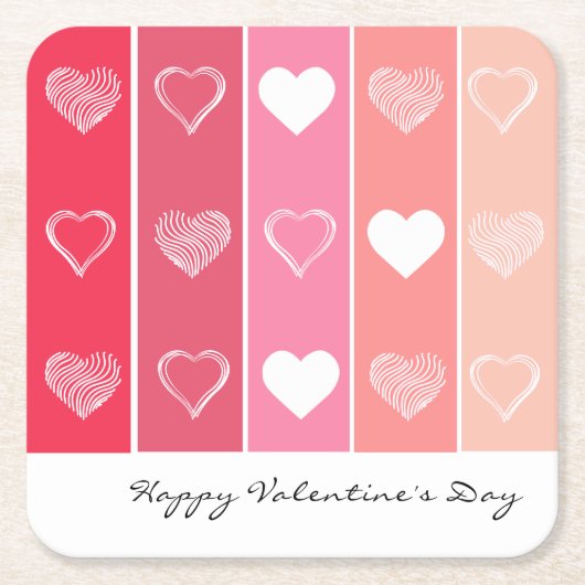 白モダンハート赤とピンクのストライプバレンタイン スクエアペーパーコースター (正面)