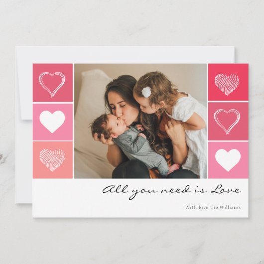 白モダンハート赤とピンクの写真バレンタイン シーズンカード (正面)