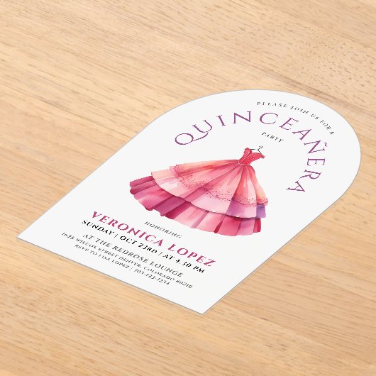 白モダンピンクカリンプリンセスドレスウォーター色 アクリル招待状 (レイダウン)